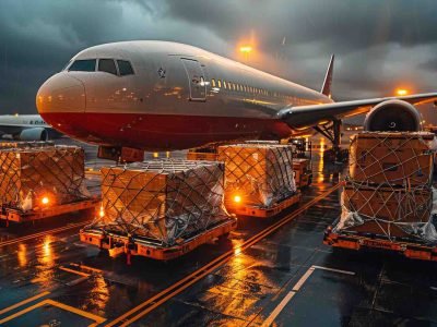 Air containers being unloaded from a cargo plane by a team of workers and machinery Generative AI
