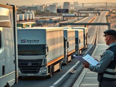 {"prompt":"A high-resolution, ultra-realistic photograph of a modern border checkpoint in Kurdistan.  A convoy of trucks, bearing the logo of "Direct Drive Logistics," are meticulously undergoing customs inspection.  Customs officers in crisp uniforms diligently review documentation, highlighting the process with precision.  The background showcases a cityscape with modern buildings and clear highways in the Iraqi border region. The scene is bathed in natural, golden hour sunlight.  Sigma 85mm f/1.4 lens, high-resolution, businesslike, no text, no logos, no people looking directly at the camera, cinematic feel, detailed logistics facilities.","originalPrompt":"A high-resolution, ultra-realistic photograph of a modern border checkpoint in Kurdistan.  A convoy of trucks, bearing the logo of "Direct Drive Logistics," are meticulously undergoing customs inspection.  Customs officers in crisp uniforms diligently review documentation, highlighting the process with precision.  The background showcases a cityscape with modern buildings and clear highways in the Iraqi border region. The scene is bathed in natural, golden hour sunlight.  Sigma 85mm f/1.4 lens, high-resolution, businesslike, no text, no logos, no people looking directly at the camera, cinematic feel, detailed logistics facilities.","width":1024,"height":1024,"seed":42,"model":"flux","enhance":false,"nologo":false,"negative_prompt":"worst quality, blurry","nofeed":false,"safe":false,"quality":"medium","image":[],"transparent":false,"isMature":false,"isChild":false}